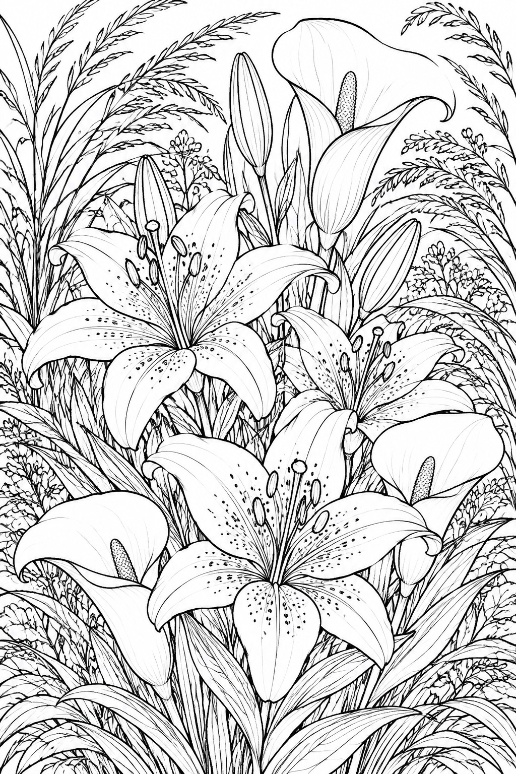 A black and white line drawing of lilies, calla lilies, and grasses in a dense overlapping arrangement.
