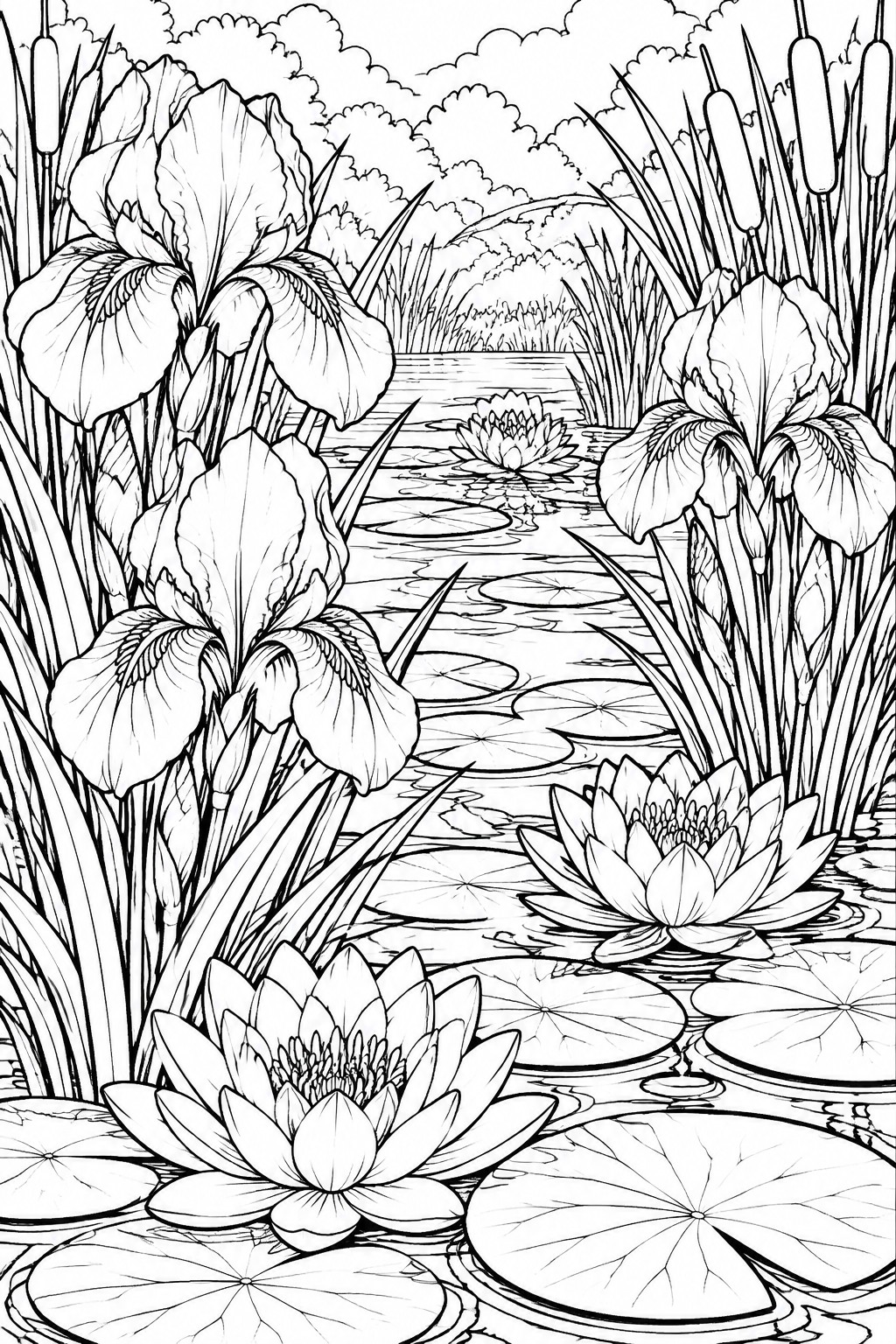 Black and white line drawing of a pond with blooming water lilies, irises, and reeds.