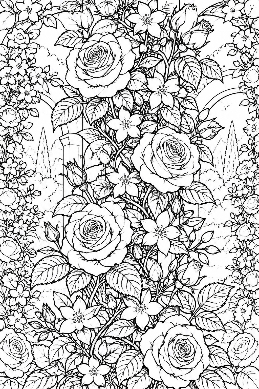 Black and white line drawing of blooming roses and flowers around garden arches