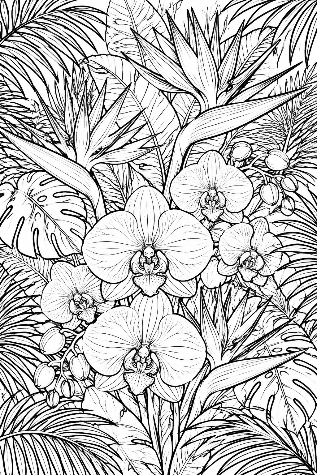 Black and white line drawing of orchids amid dense tropical jungle leaves