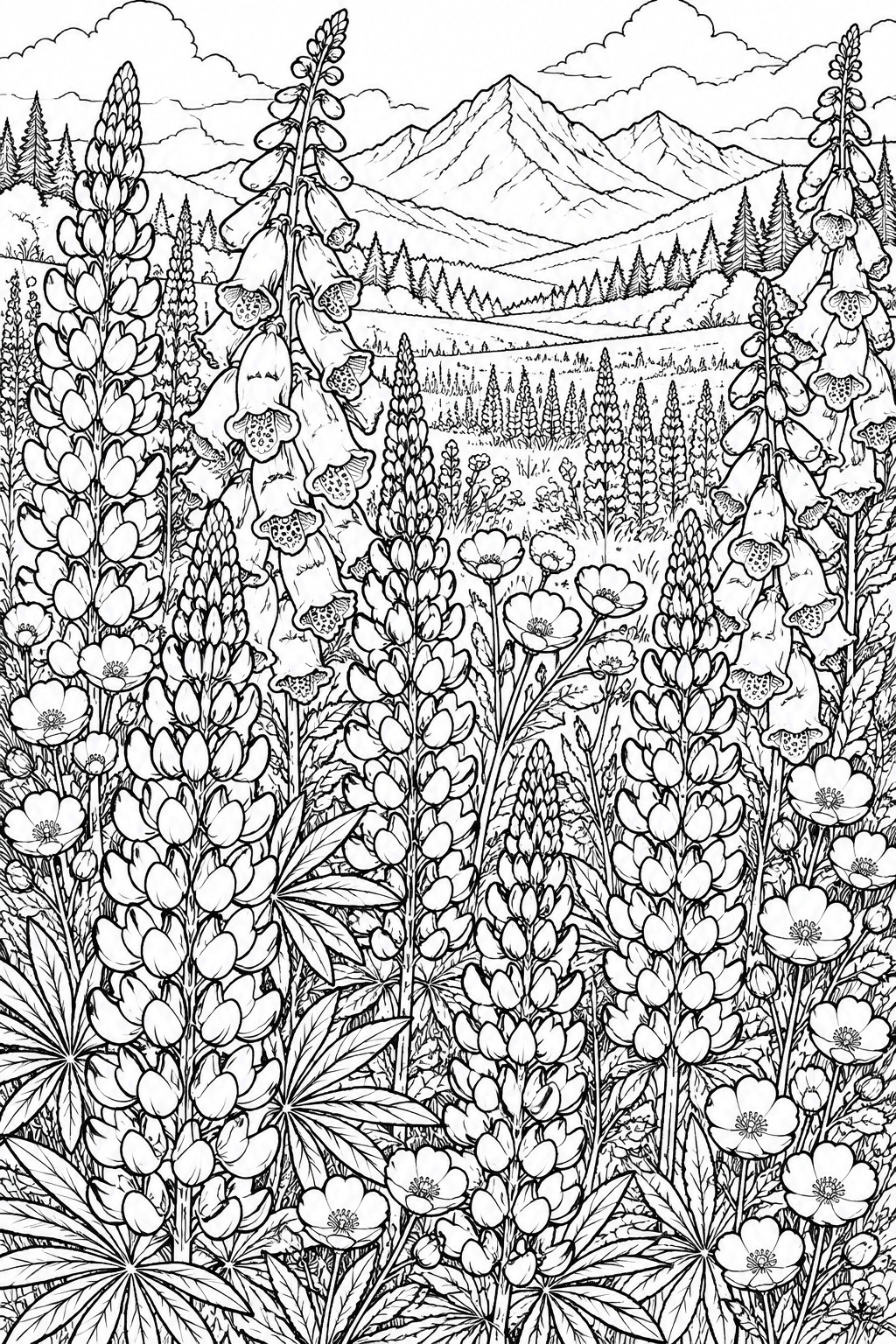 Detailed black and white drawing of wildflowers in a mountain meadow landscape
