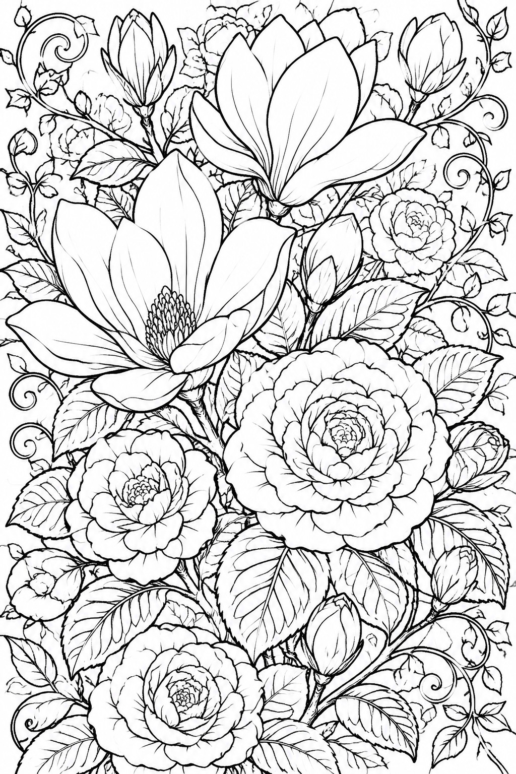 Intricate black-and-white line drawing of magnolias, roses, leaves, and swirling vines