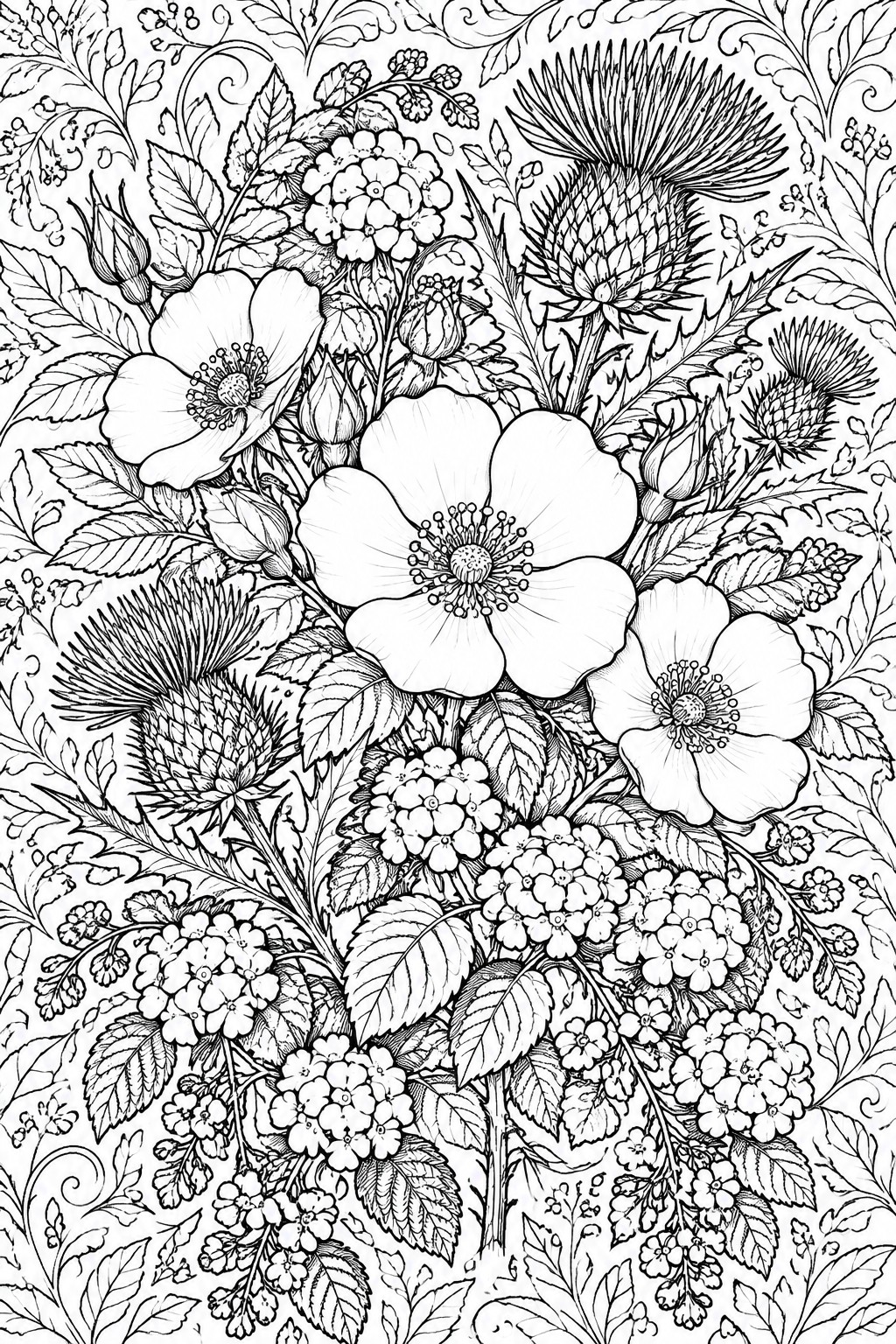 Intricate black-and-white line art of wildflowers, thistles, poppies and dense foliage