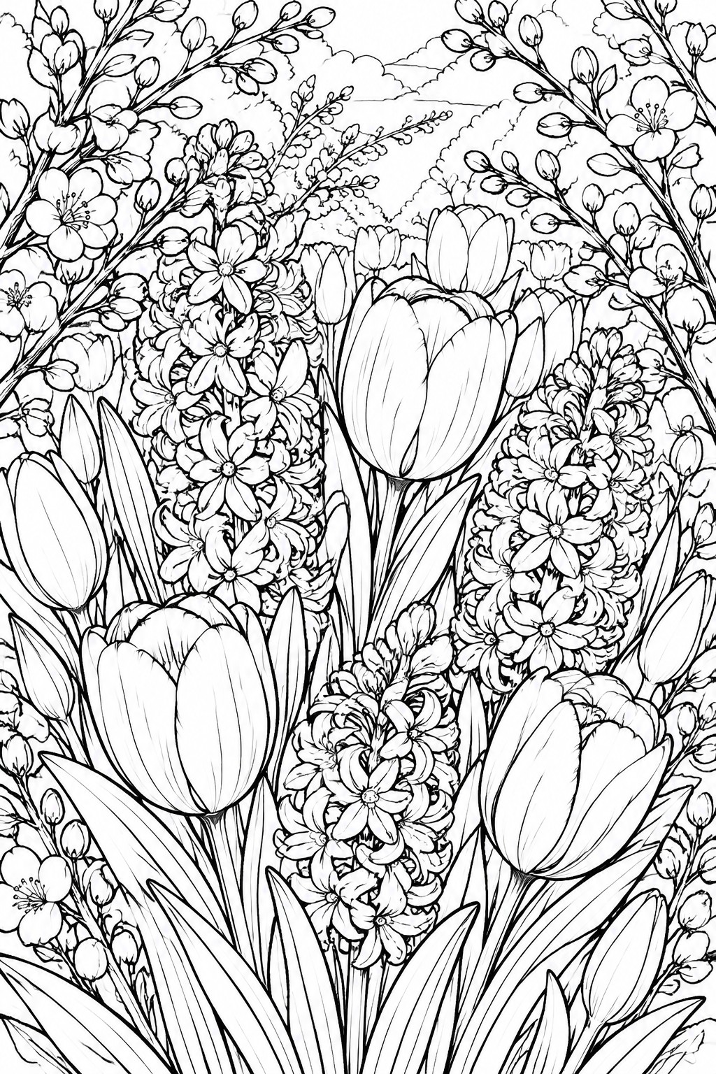 A black and white line drawing of many overlapping tulips, hyacinths, cherry blossoms, and other garden flowers with leaves and stems.