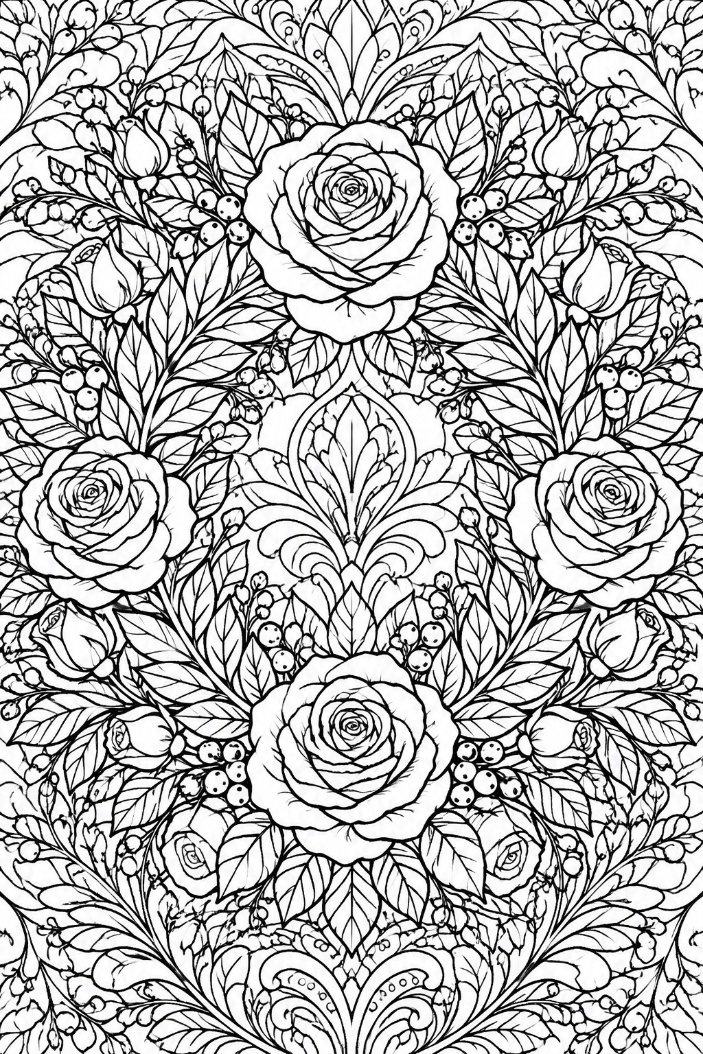 Intricate black-and-white mandala of blooming roses, leaves, and berries in symmetrical pattern.