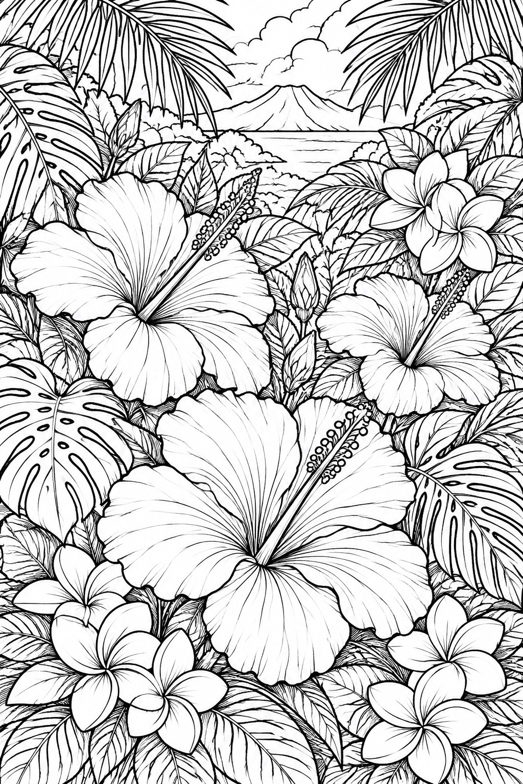 Black-and-white line art of tropical hibiscus flowers, monstera leaves, and ocean with mountains.