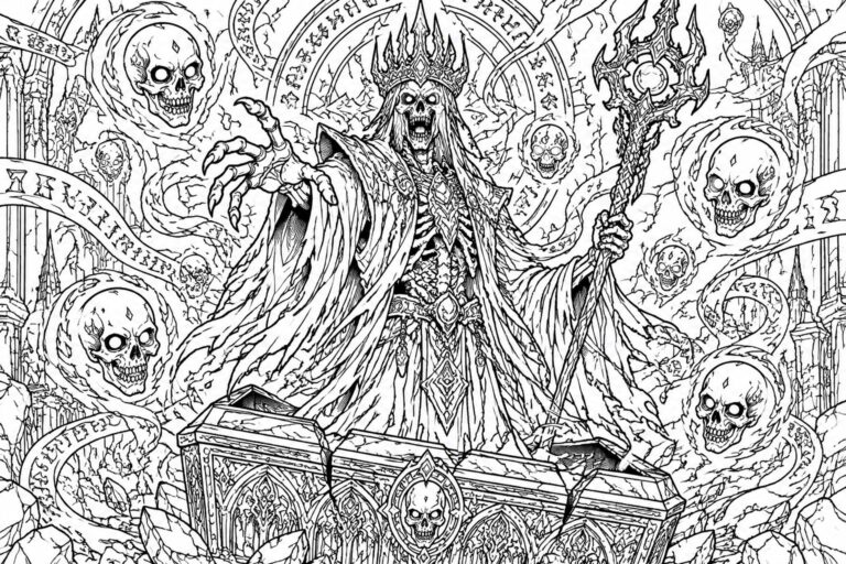 Skeletal lich king in crown and robes holds staff amid flaming skulls on gothic throne