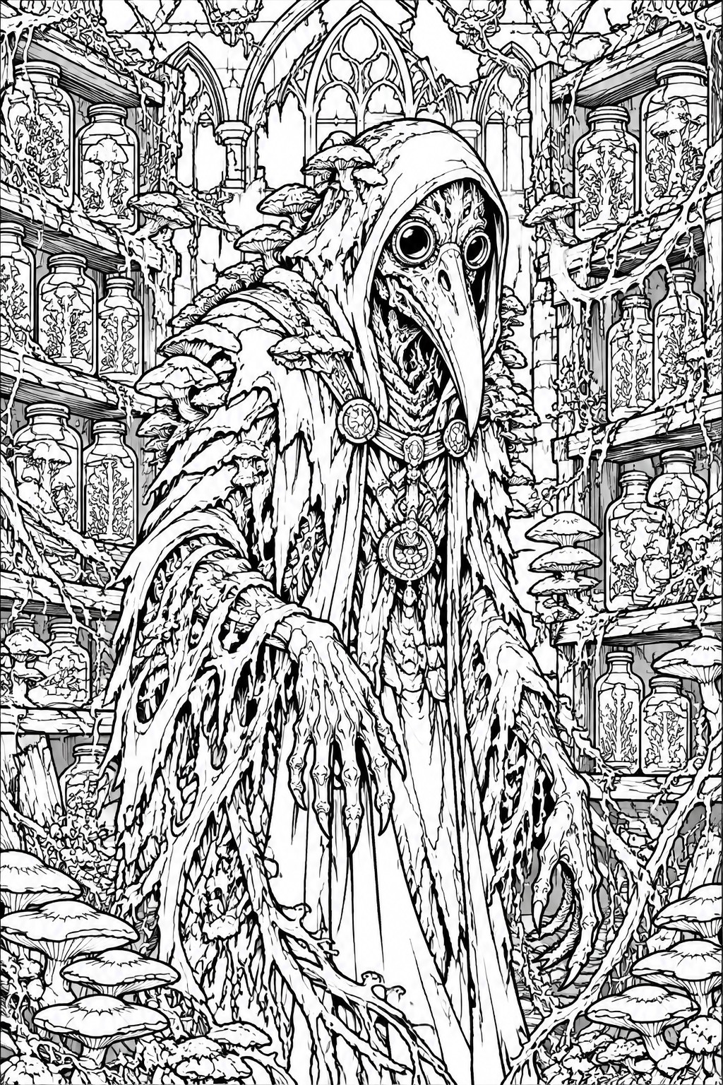 A highly detailed black and white line art of a plague doctor with a long beak mask, body covered in mushrooms and roots, standing among shelves of jars in a gothic setting.