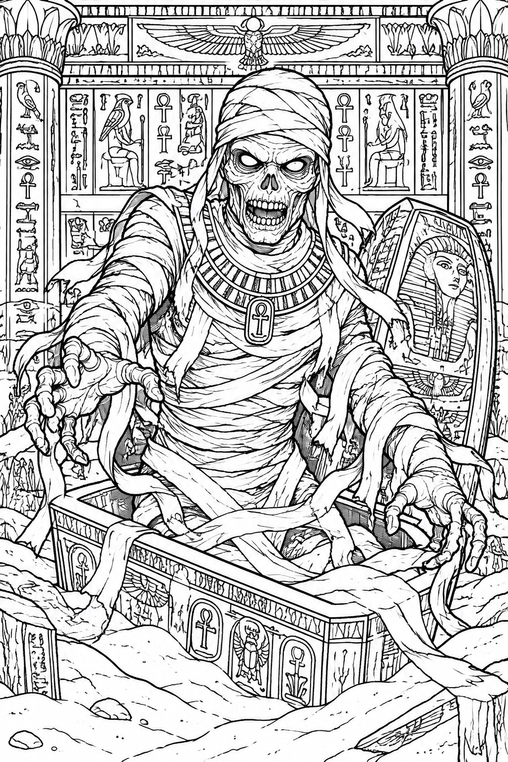 A detailed line drawing of a mummy rising from a sarcophagus in an Egyptian tomb with hieroglyphs on the walls.