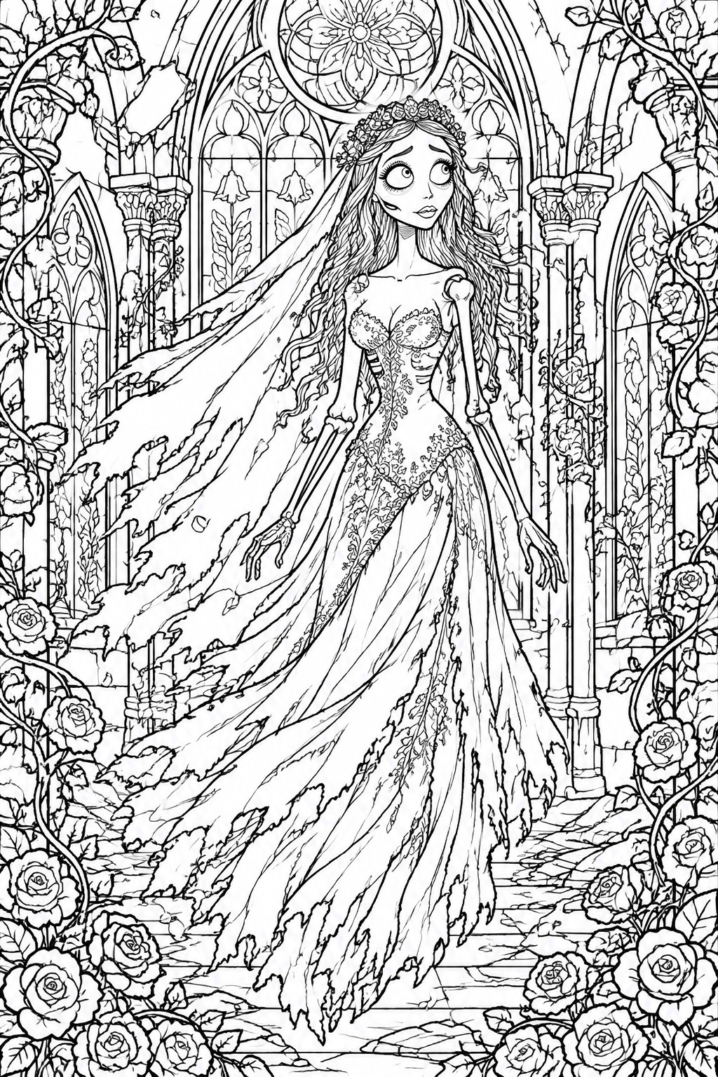 Skeletal bride in tattered gown amid roses in gothic arched hall with vines.