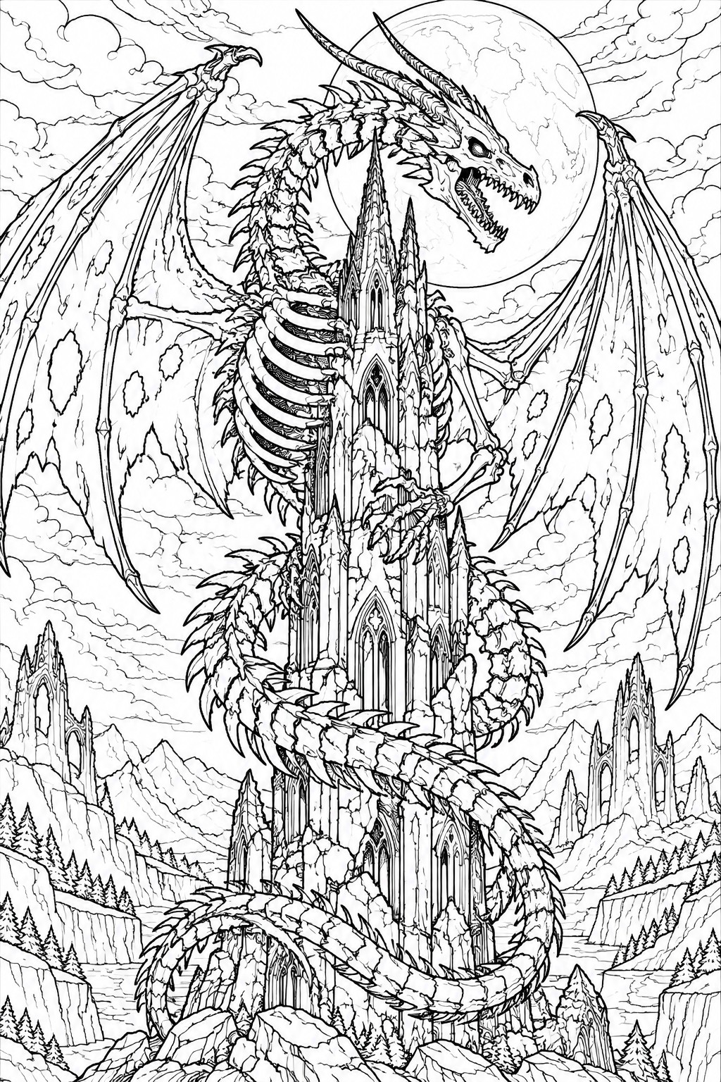 A skeletal dragon wrapped around a tall gothic tower under a full moon with mountains and ruins in the background.
