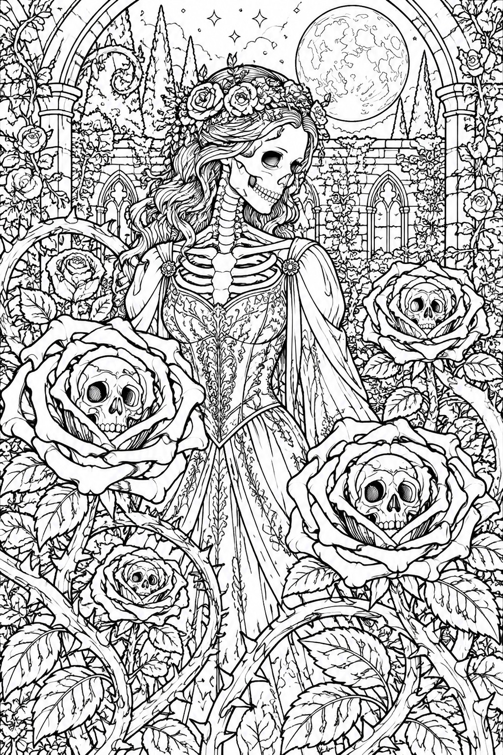 A black and white line drawing of a skeleton woman in an ornate gown and flower crown, standing among large roses that each contain a skull, with a full moon and gothic arches in the background.