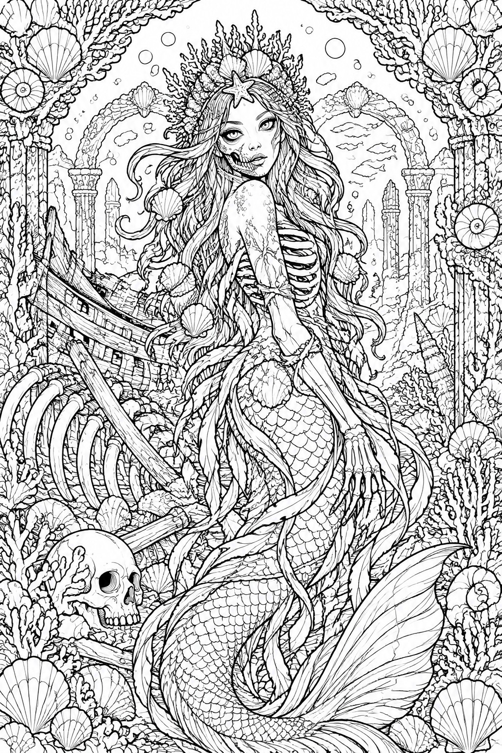 Black and white line art of an undead mermaid with skeletal ribs and skull face in an underwater shipwreck scene with coral, shells, and a skull.
