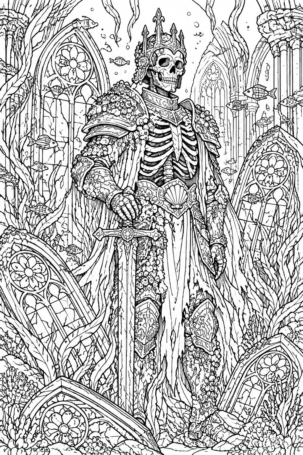 Skeletal king in coral-encrusted armor grips sword amid fish in underwater gothic ruins