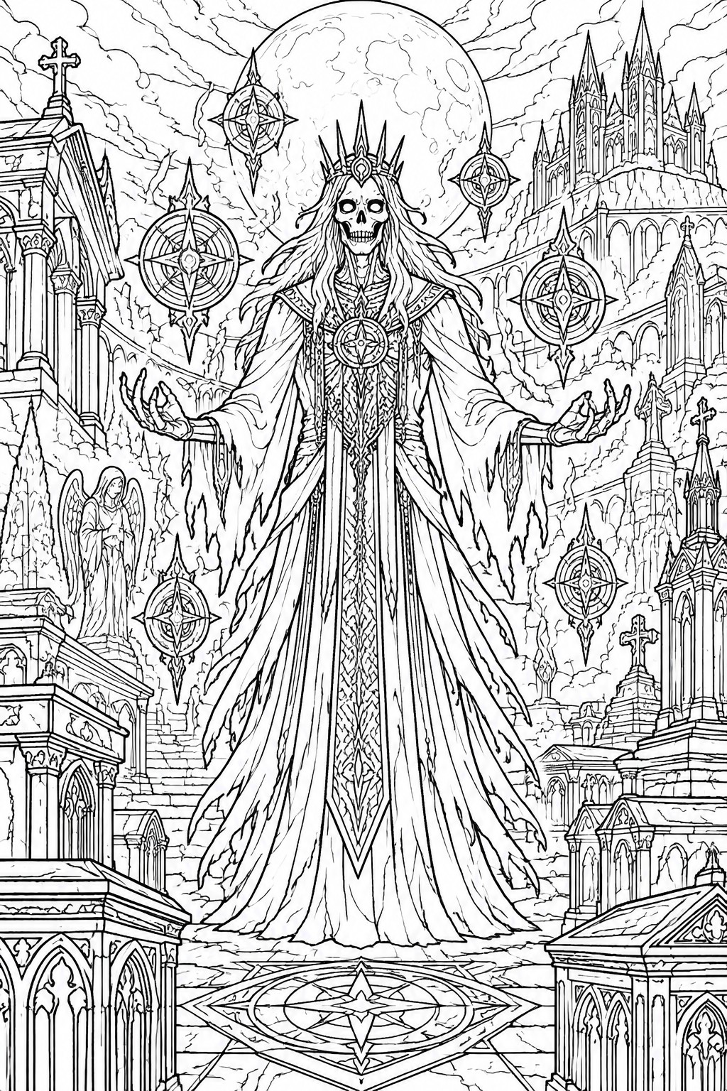 A detailed black and white line drawing of a tall skeletal figure in ornate robes and a spiked crown, standing with arms raised in a graveyard filled with gothic tombs, crosses, an angel statue, and floating compass symbols beneath a large full moon.