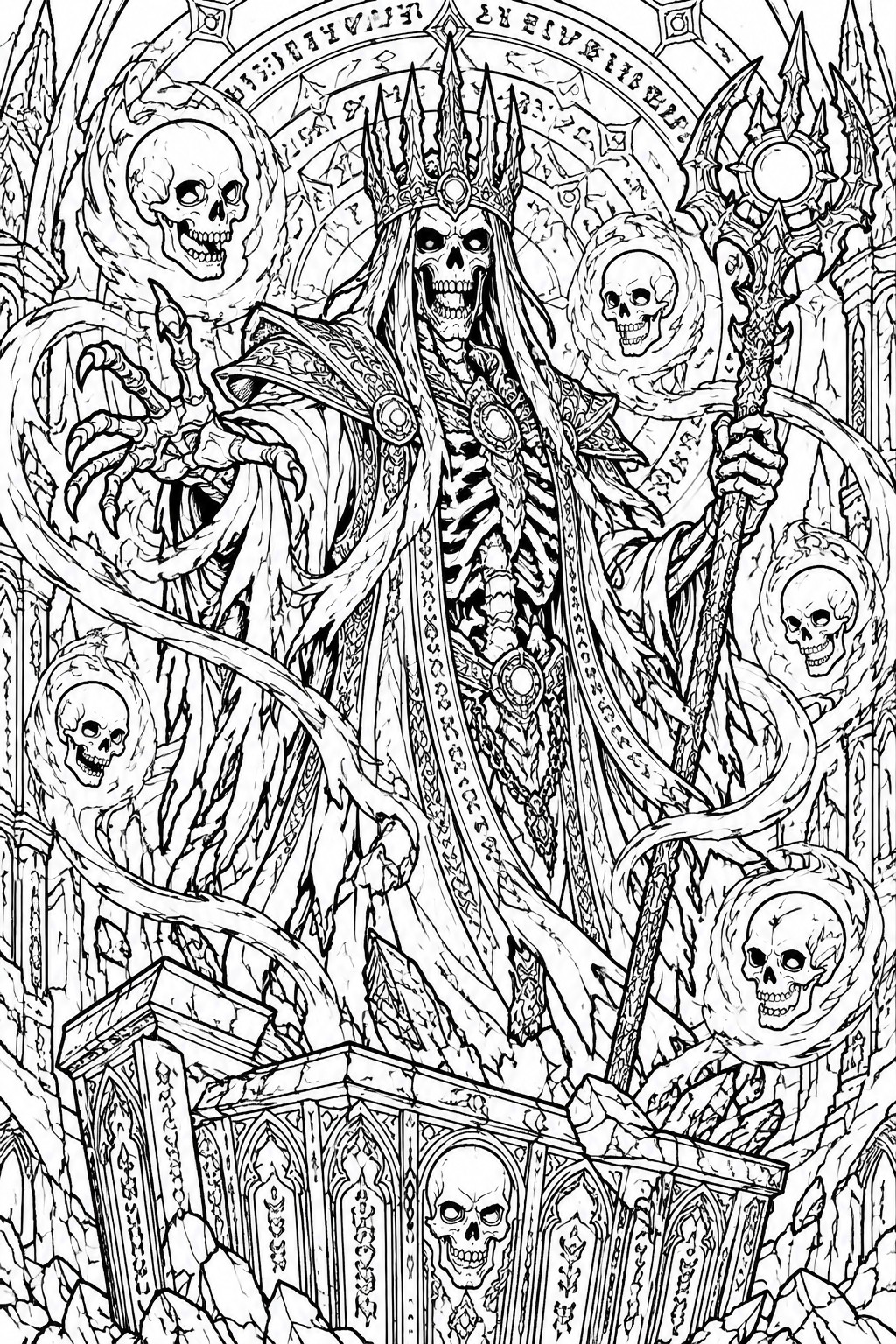 Skeletal lich king in crown and robes holds staff amid flaming skulls on gothic throne