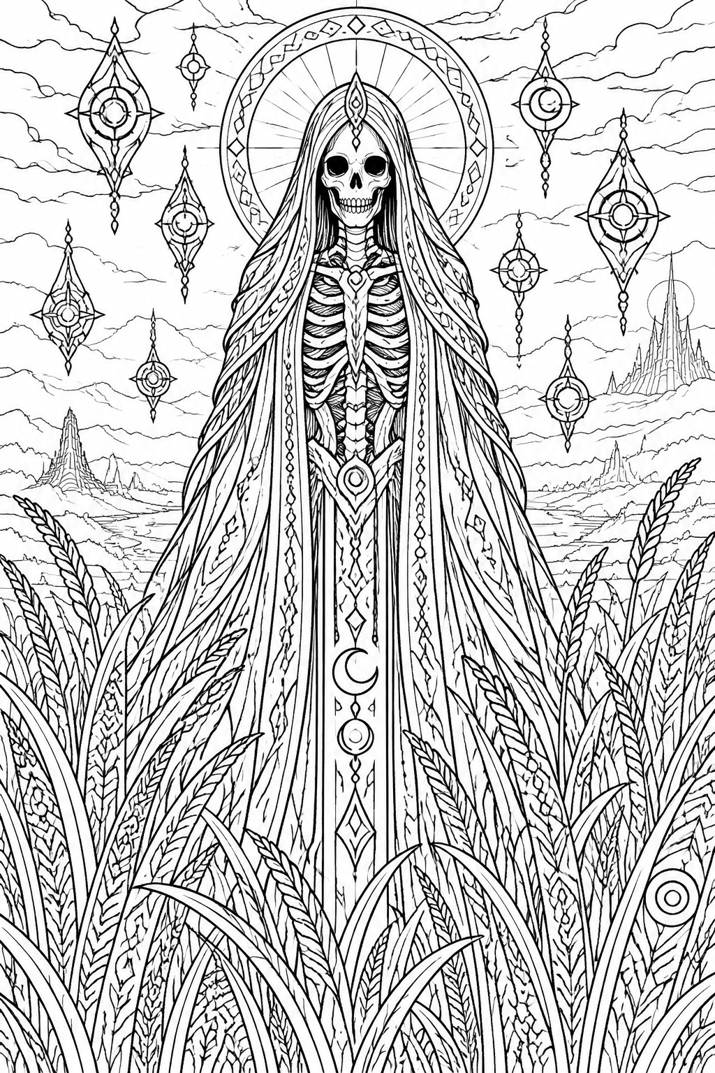 Skeletal figure in ornate robe with halo amid celestial symbols and wheat fields