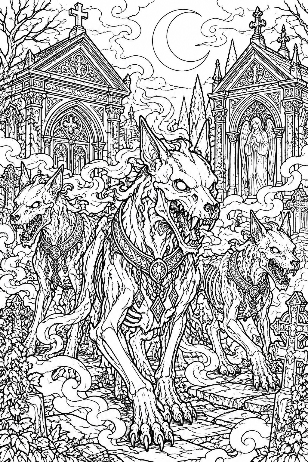 Three snarling wolf monsters with ornate collars in a gothic moonlit graveyard.