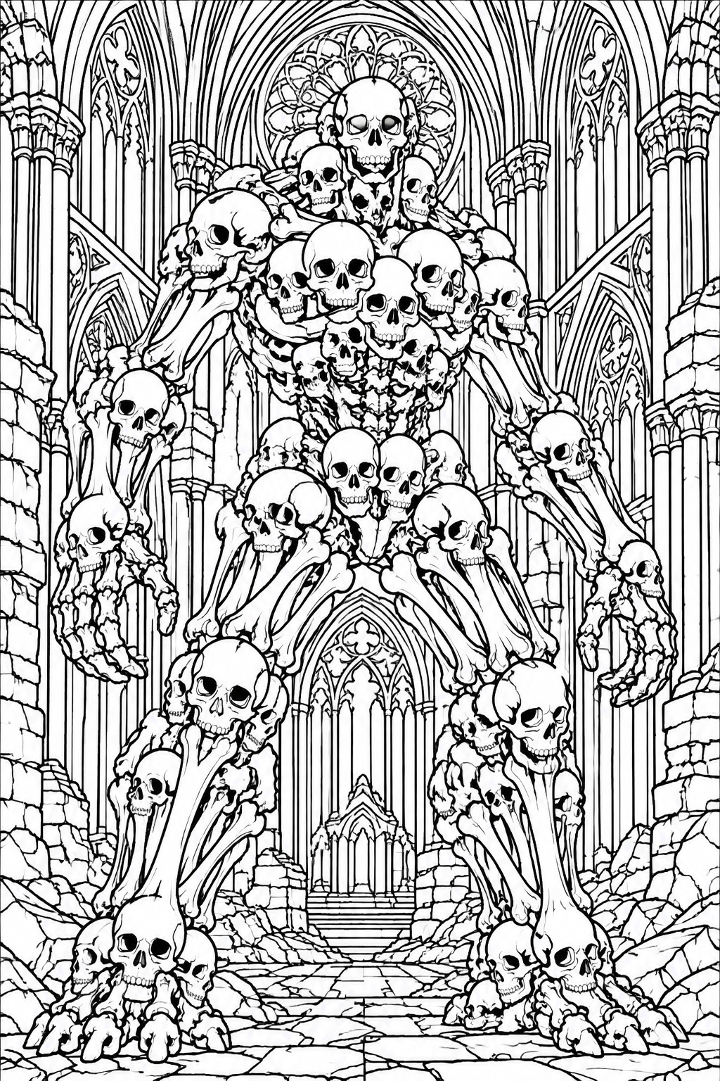 Detailed black-and-white line art of skulls and bones forming gothic cathedral archway.