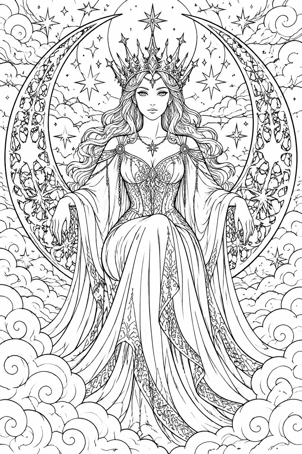 Crowned fantasy queen in ornate gown before jeweled crescent moon amid stars and clouds