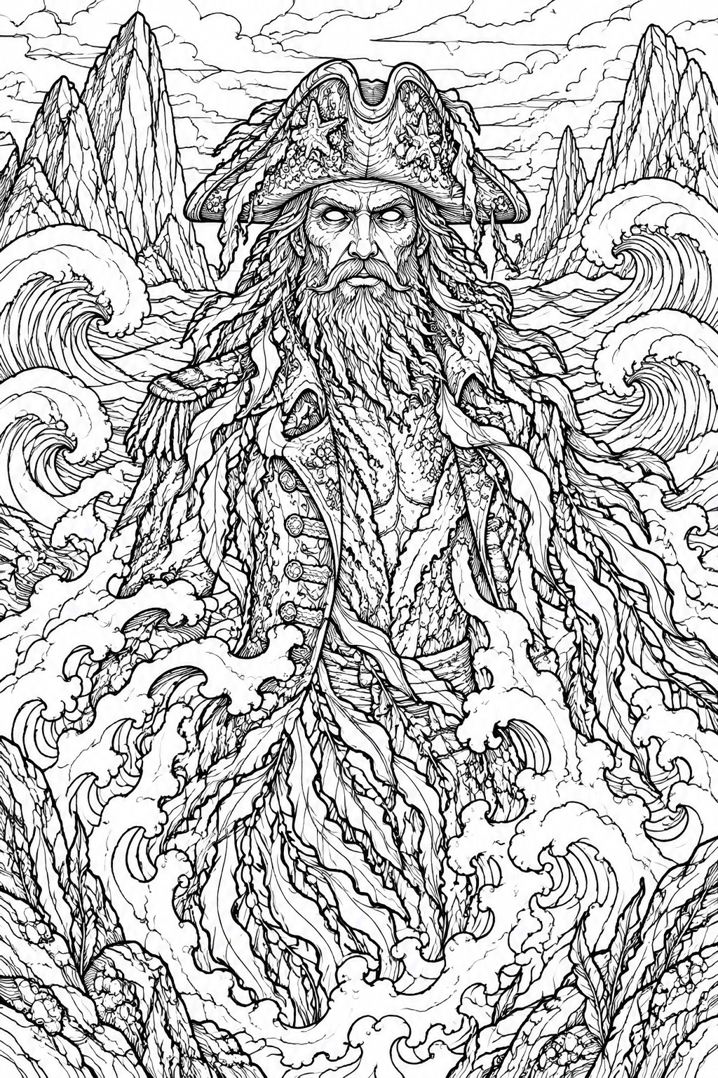 Black-and-white line art of a bearded pirate captain amid crashing waves and jagged mountains.