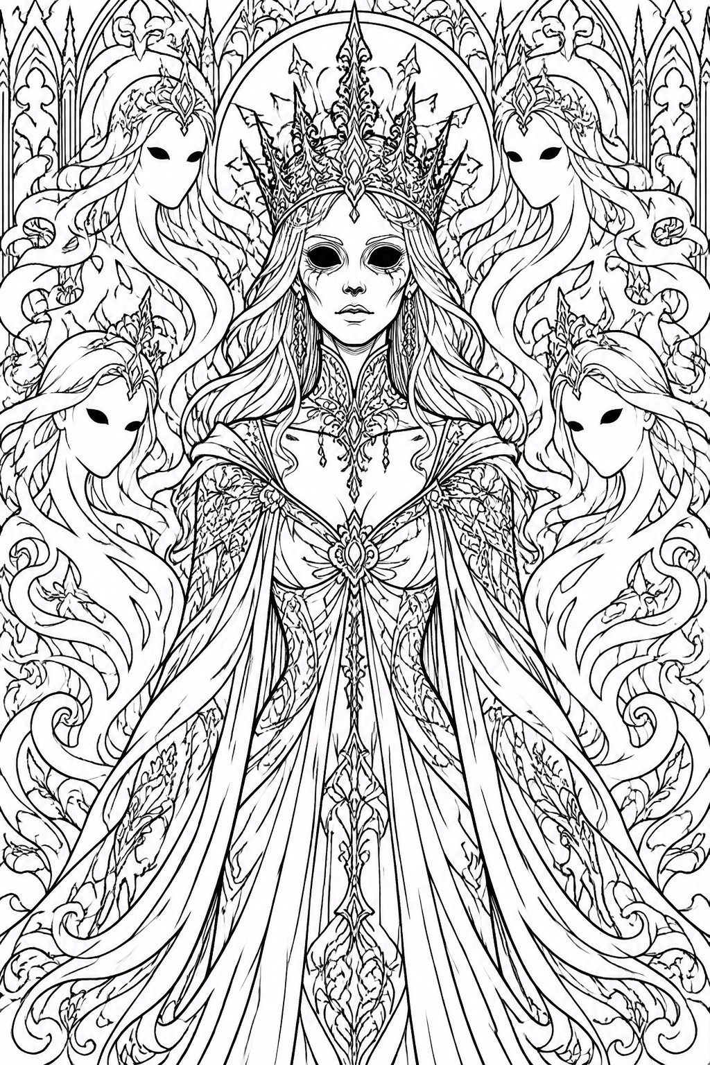 Ornate gothic queen with tall crown amid four blank-faced attendants in flowing fantasy gowns
