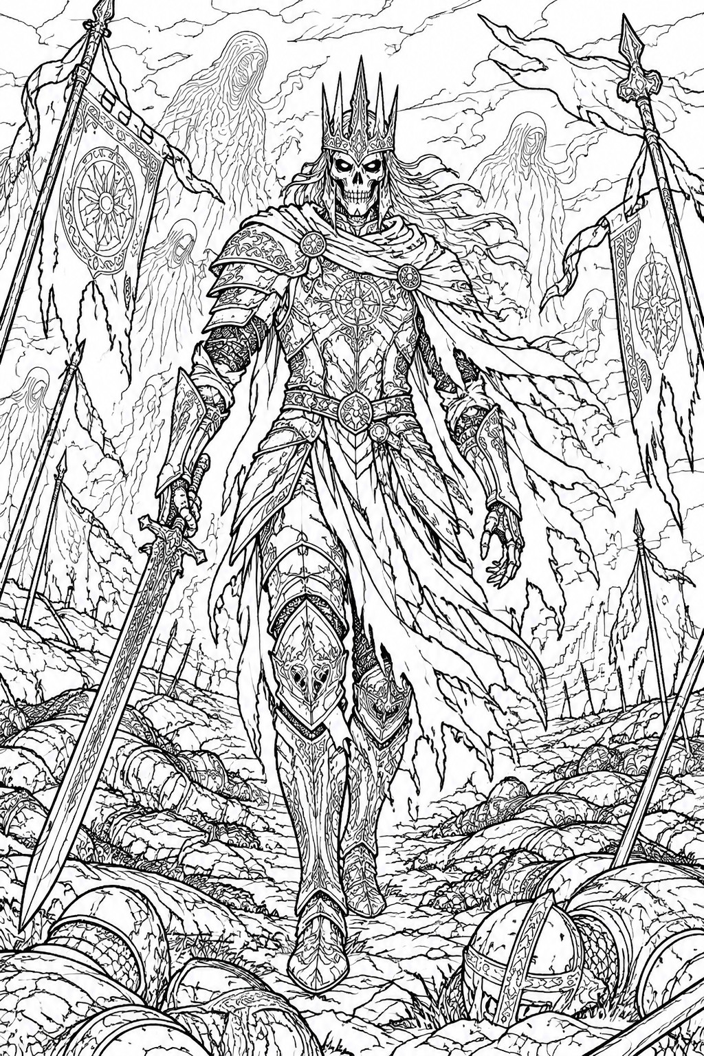 Skeletal king in ornate armor and crown wields sword amid banners and ghostly figures