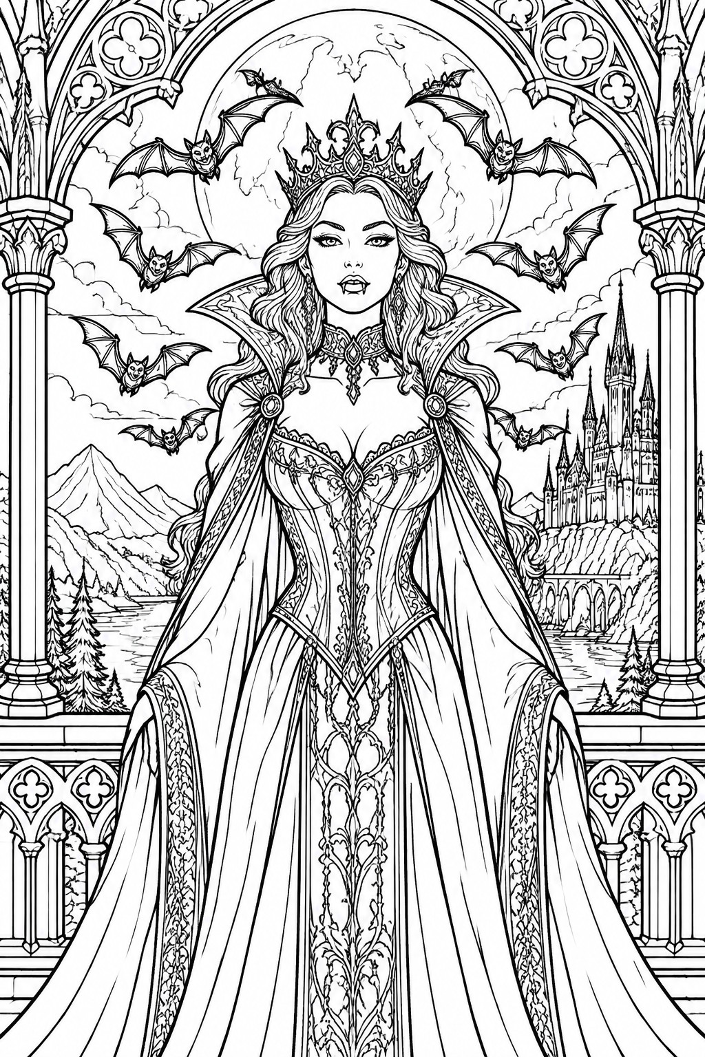 Vampire queen in ornate gown and crown amid flying bats near gothic castle