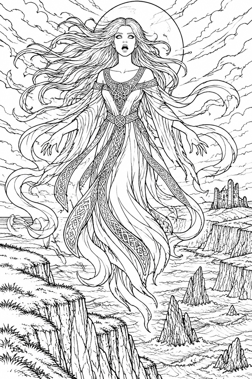 A detailed line drawing of a long-haired woman in an ornate dress floating above cliffs with a ruined castle in the background and a large moon behind her.