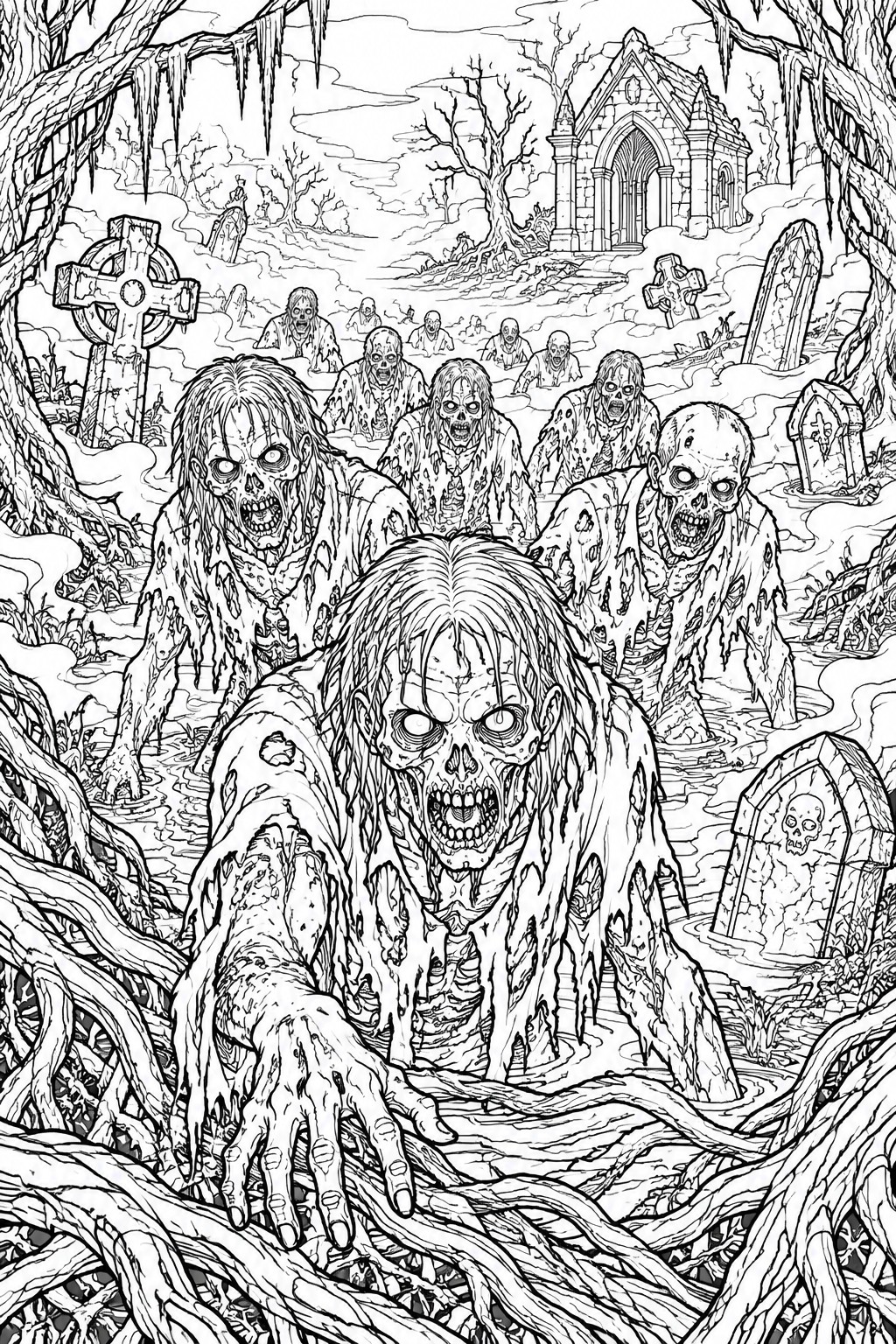 Zombies with rotting flesh reach from swampy graveyard with crosses, trees and mausoleum.