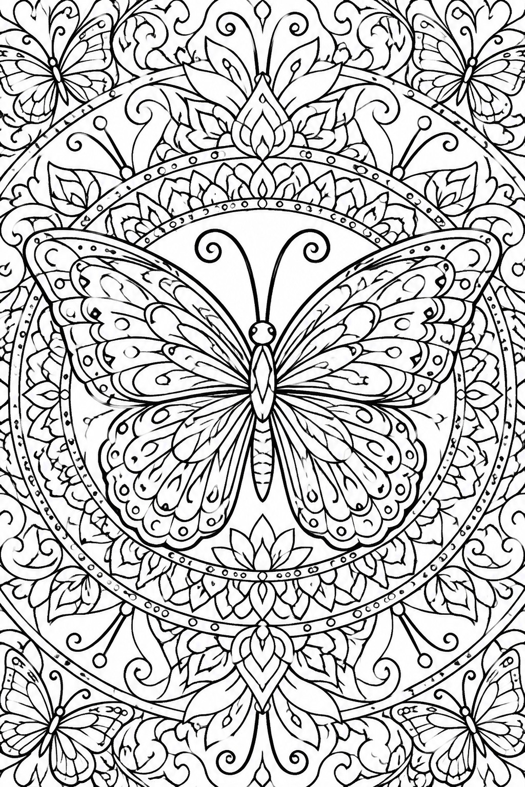 A black and white mandala coloring page featuring a large central butterfly surrounded by floral patterns, smaller butterflies, and decorative circular bands.