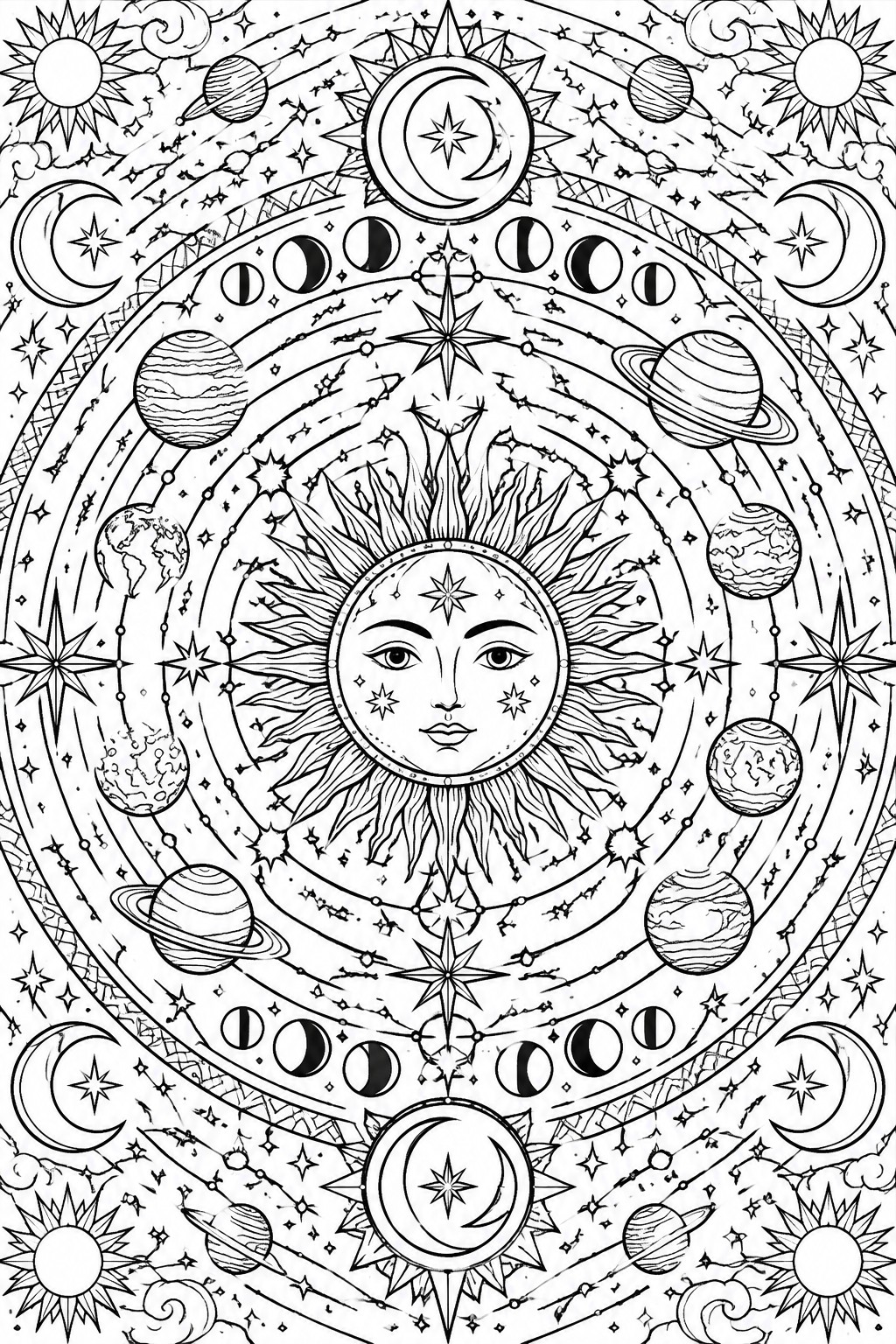 Intricate black-and-white mandala with central sun face, planets, moons, and stars.