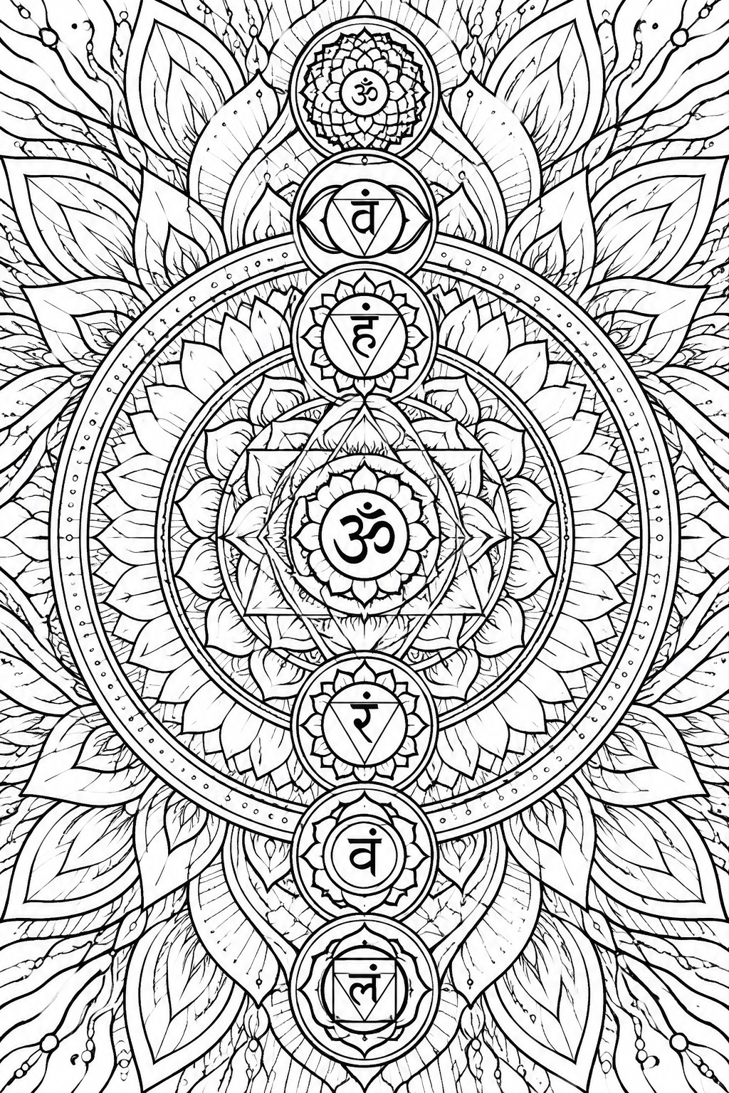 Intricate black-and-white mandala with seven chakras, Sanskrit symbols, and lotus petals.