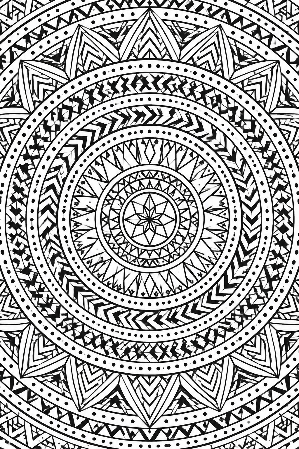 Intricate black-and-white mandala with concentric geometric patterns and central star motif