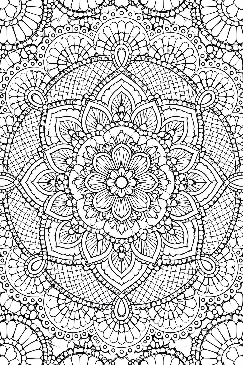 A black and white mandala coloring page with a central flower, layered petals, and surrounding geometric and floral patterns.