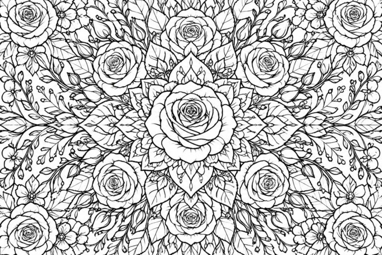 A black and white mandala coloring page with multiple roses and leaves arranged in a symmetrical circular pattern.