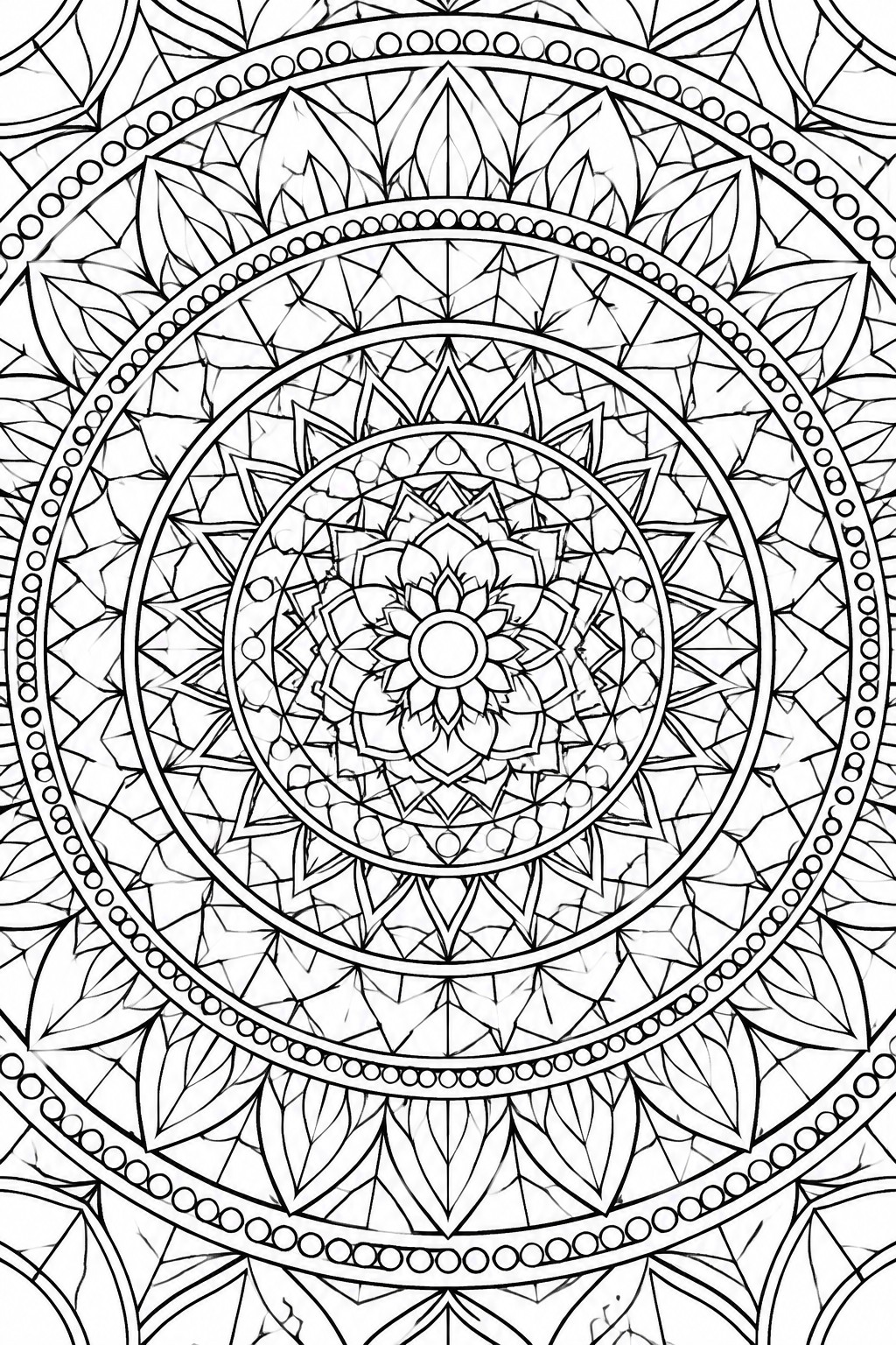 Intricate black-and-white mandala with layered floral petals, leaves, and concentric geometric patterns.