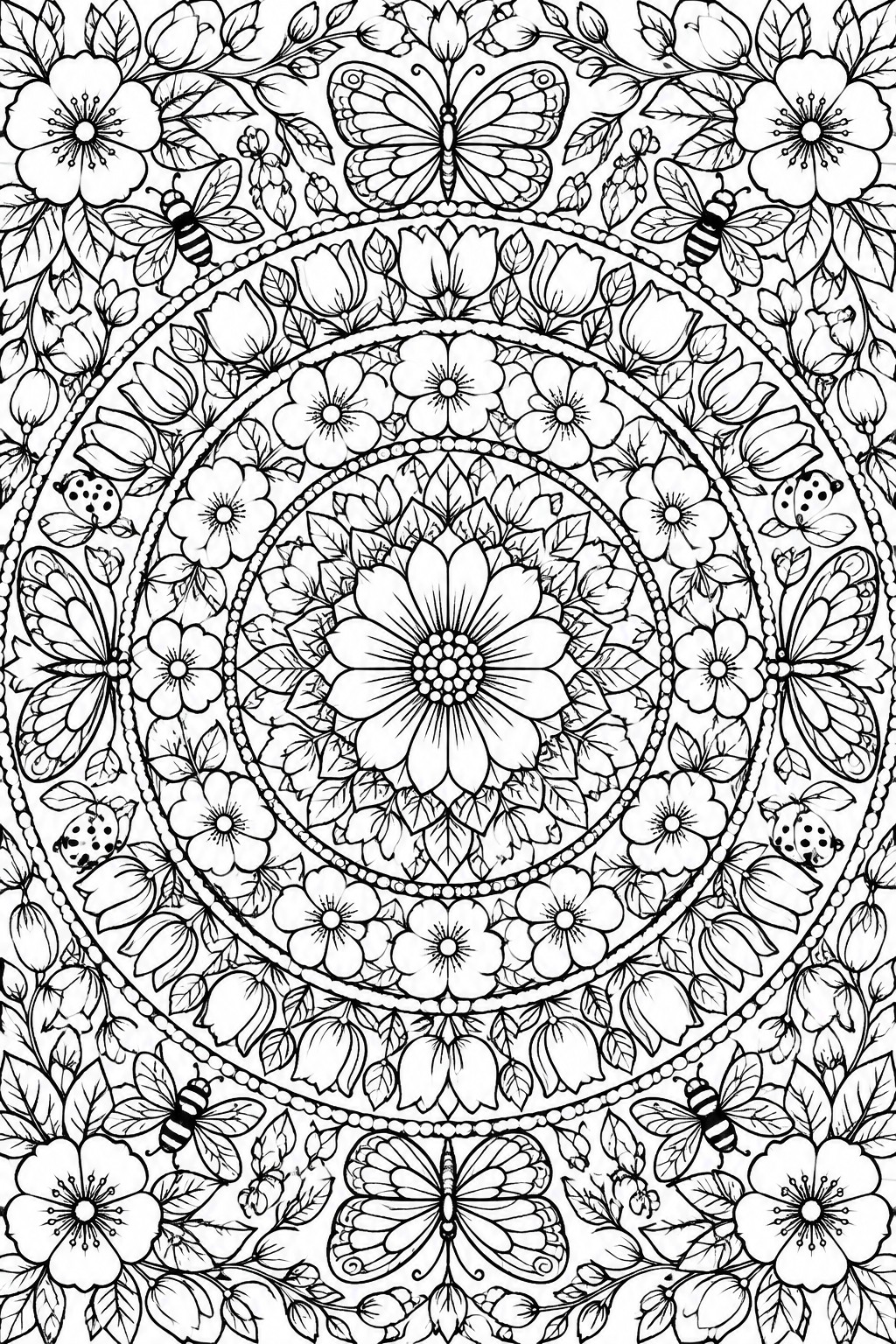 A black and white mandala coloring page featuring a central flower surrounded by concentric rings of smaller flowers, leaves, butterflies, bees, and ladybugs separated by beaded lines.
