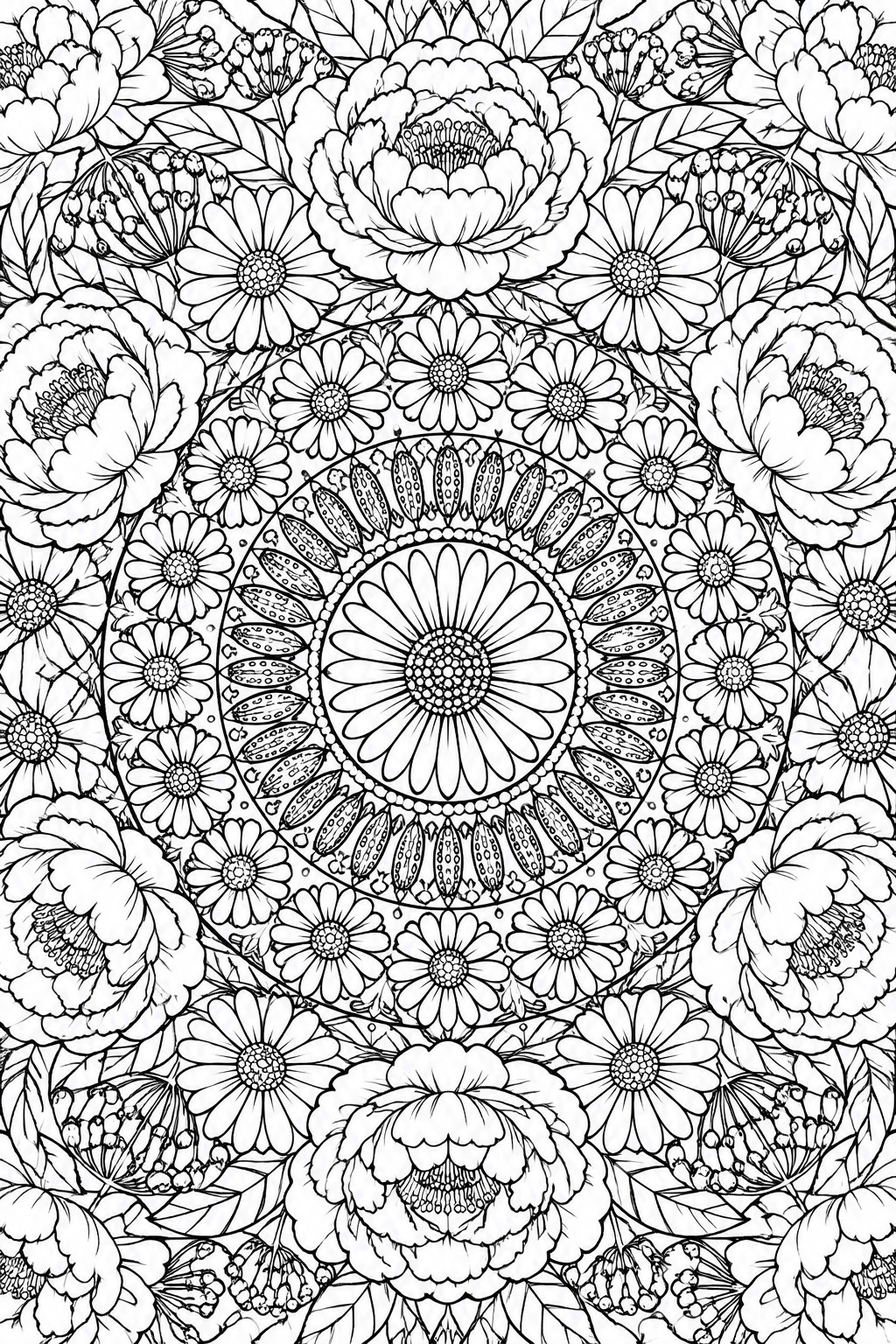 A black and white mandala coloring page with a central daisy flower, patterned rings, and large peony blooms filling the outer areas.