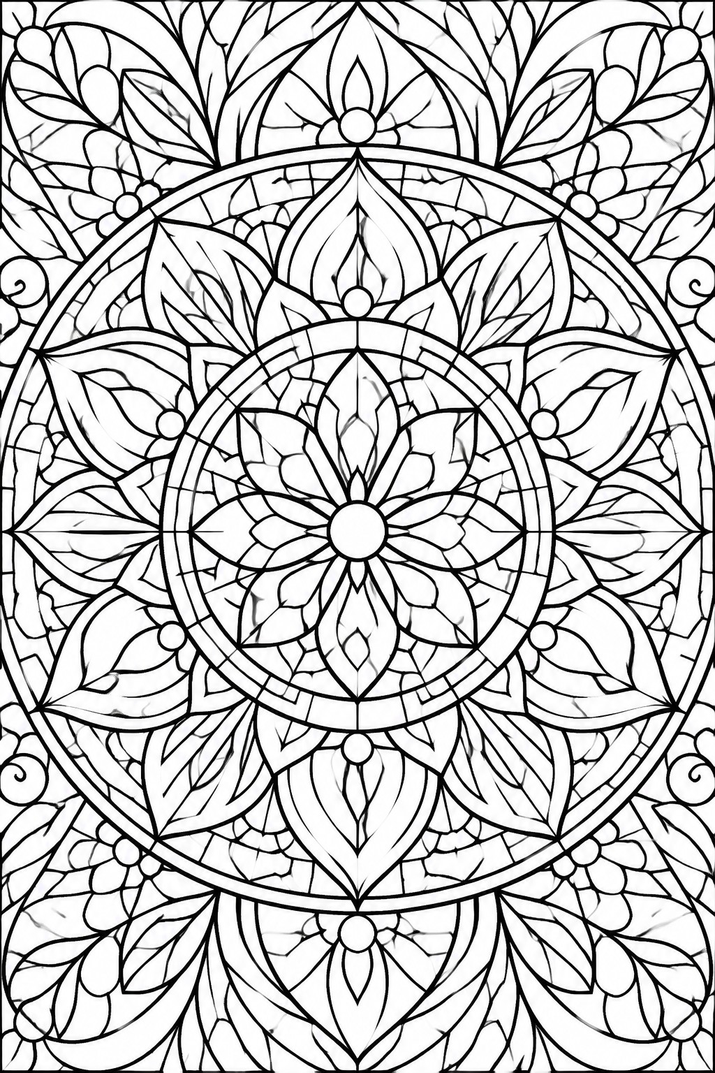 A black and white mandala coloring page with a central flower, surrounded by concentric rings of petals, leaves, and small circular accents.