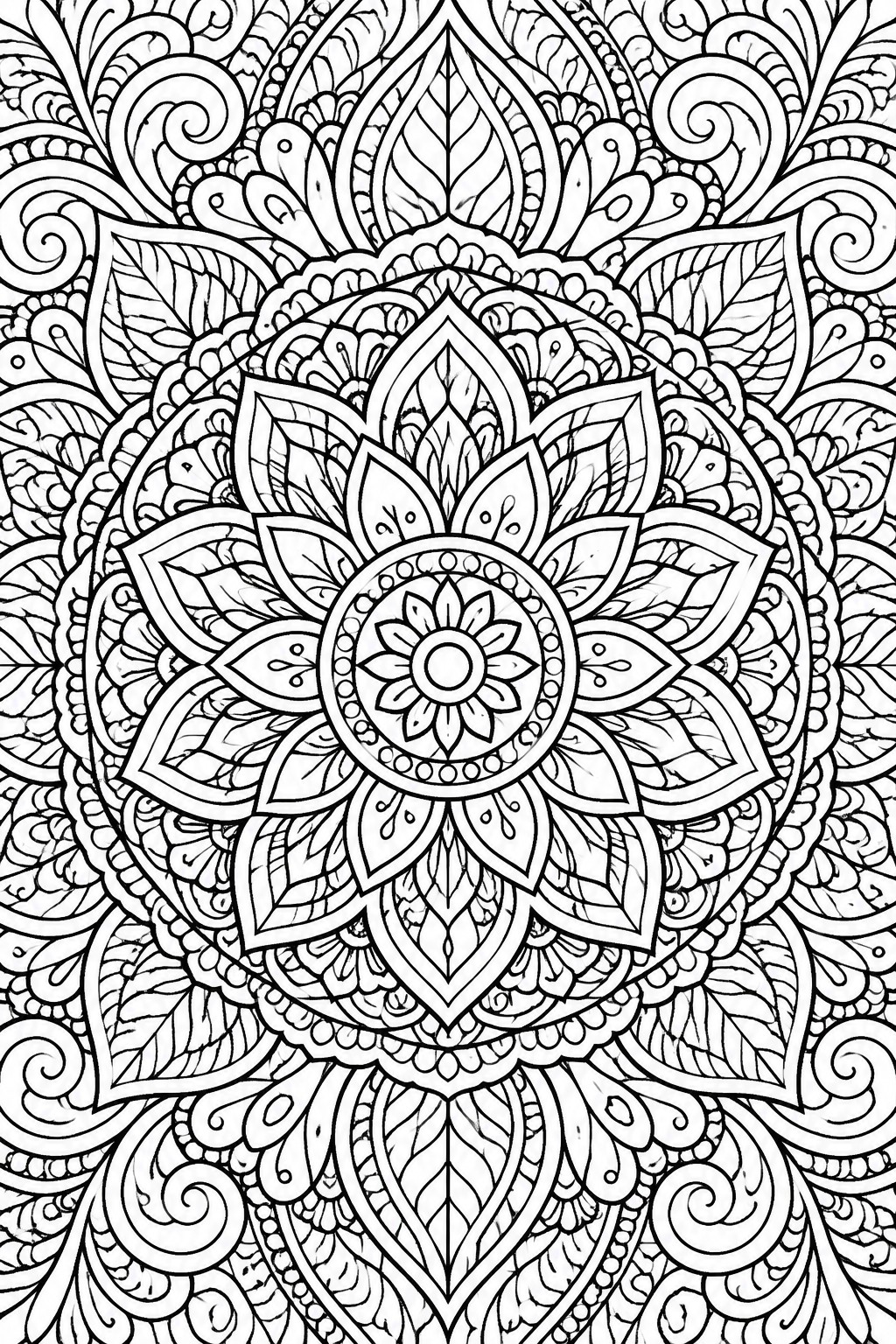 Intricate black and white mandala with symmetrical floral petals, leaves, and swirls.