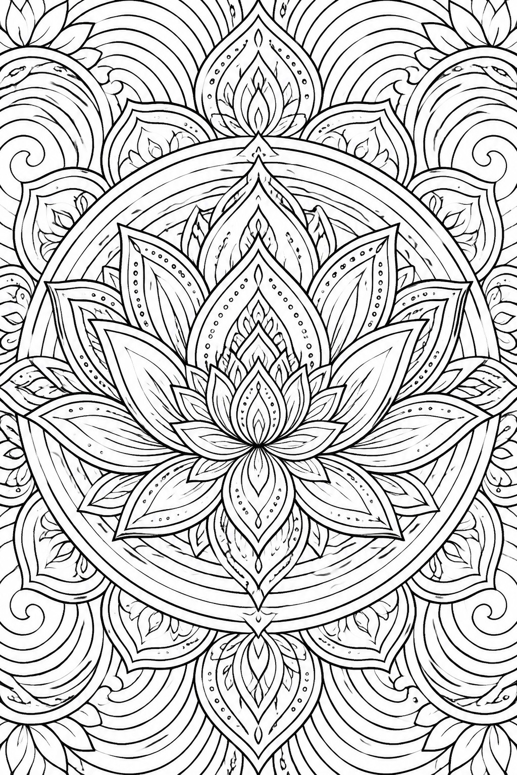 Intricate black and white mandala with central lotus flower, petals, leaves and swirls