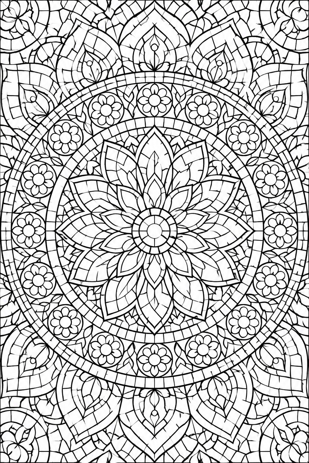 Intricate black-and-white mandala with central flower, surrounding blooms and layered leaves