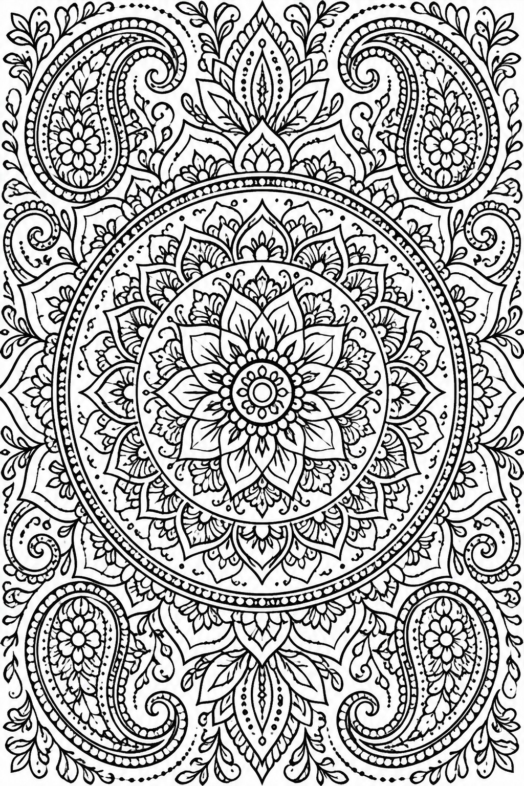 A black and white mandala coloring page with a detailed central flower design, surrounded by four large paisley shapes containing smaller floral patterns.