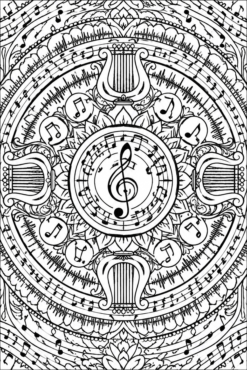 Black and white mandala with central treble clef, lyres, and musical notes.