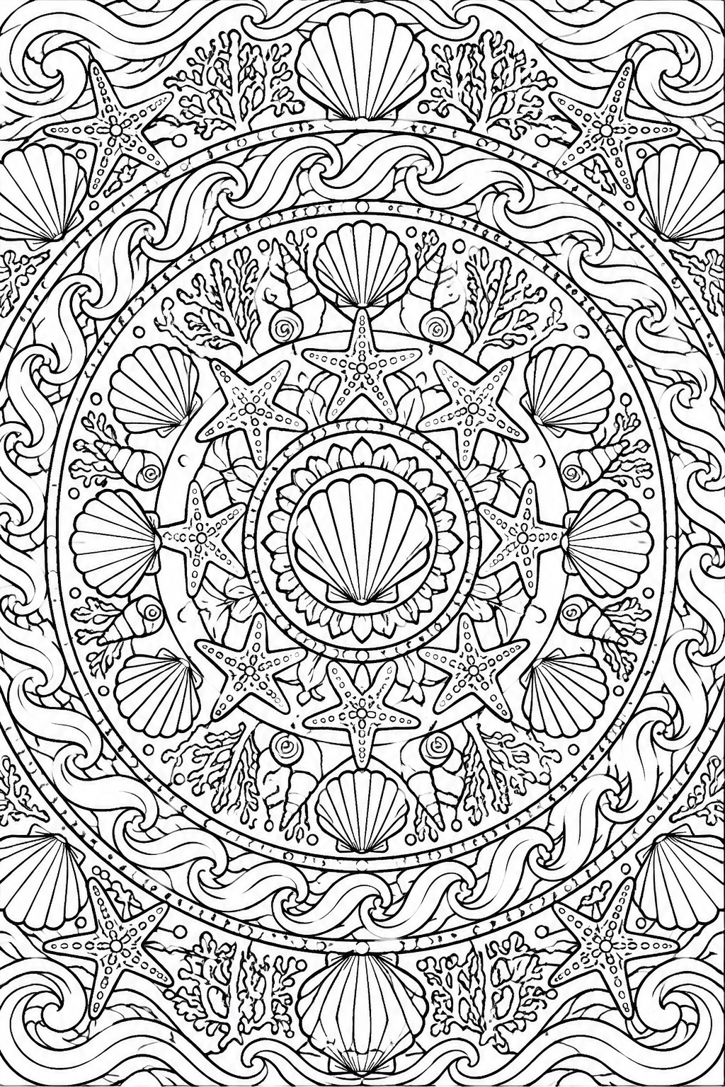 A black and white mandala coloring page featuring seashells, starfish, coral, and waves arranged in concentric circles.