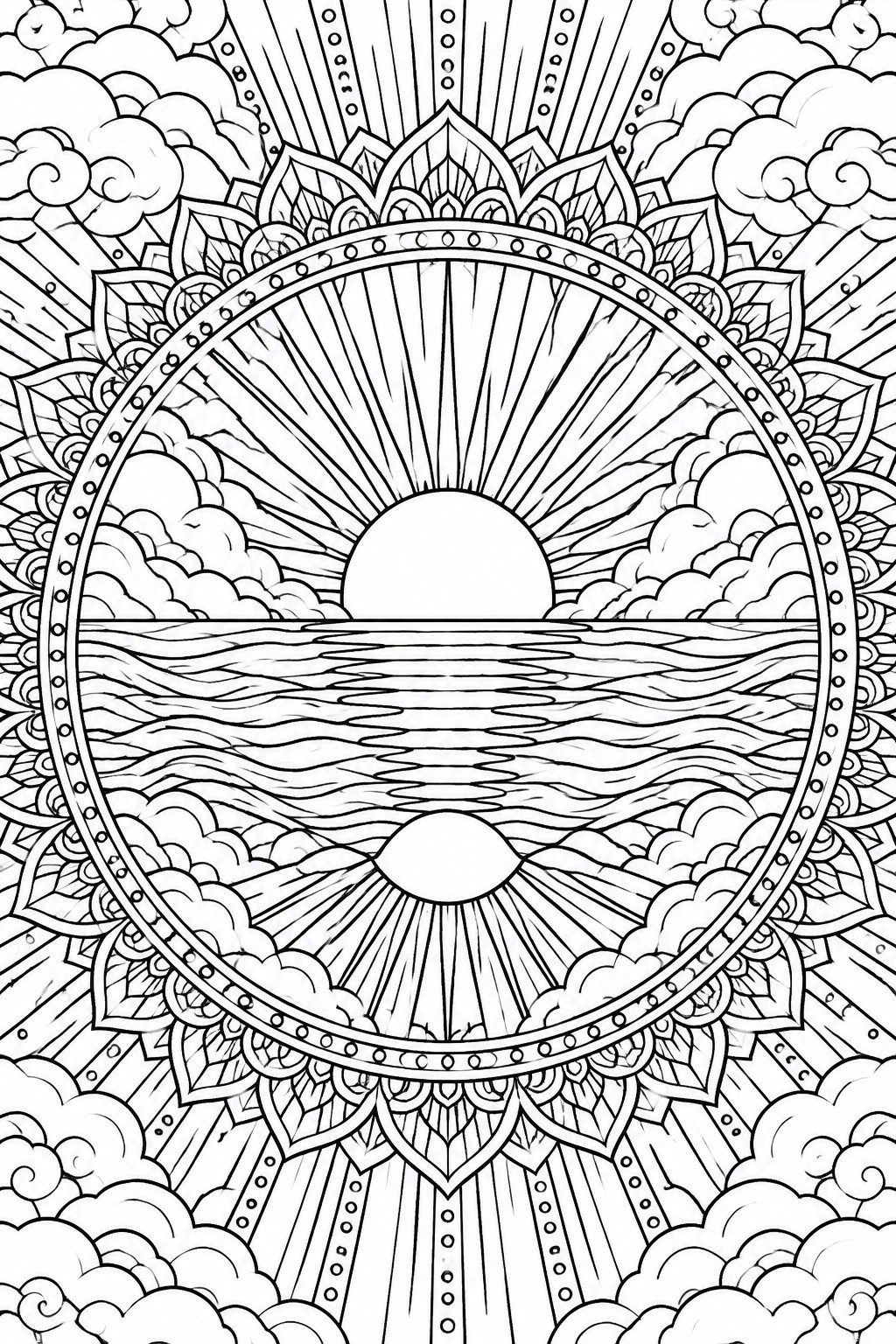 Intricate mandala line art of sun over ocean waves with clouds and leaf borders