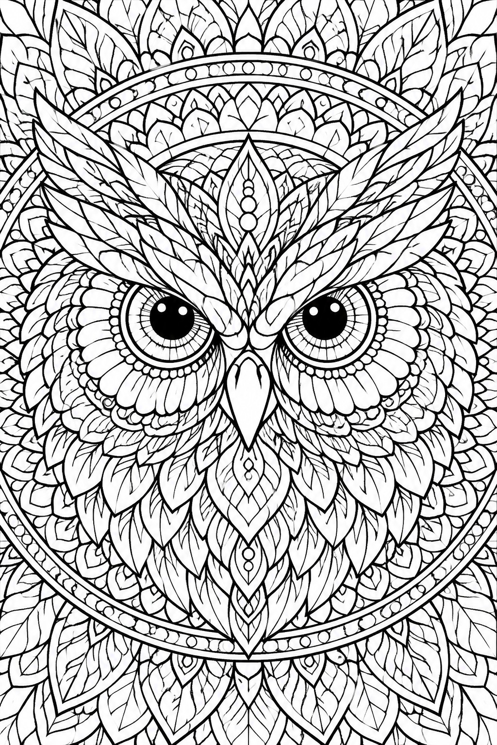 Detailed black-and-white mandala owl with intricate feathers and large eyes