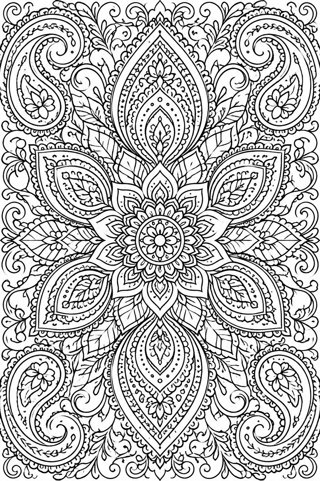 Black and white mandala coloring page with paisley shapes, flowers, and leaves in a symmetrical pattern.