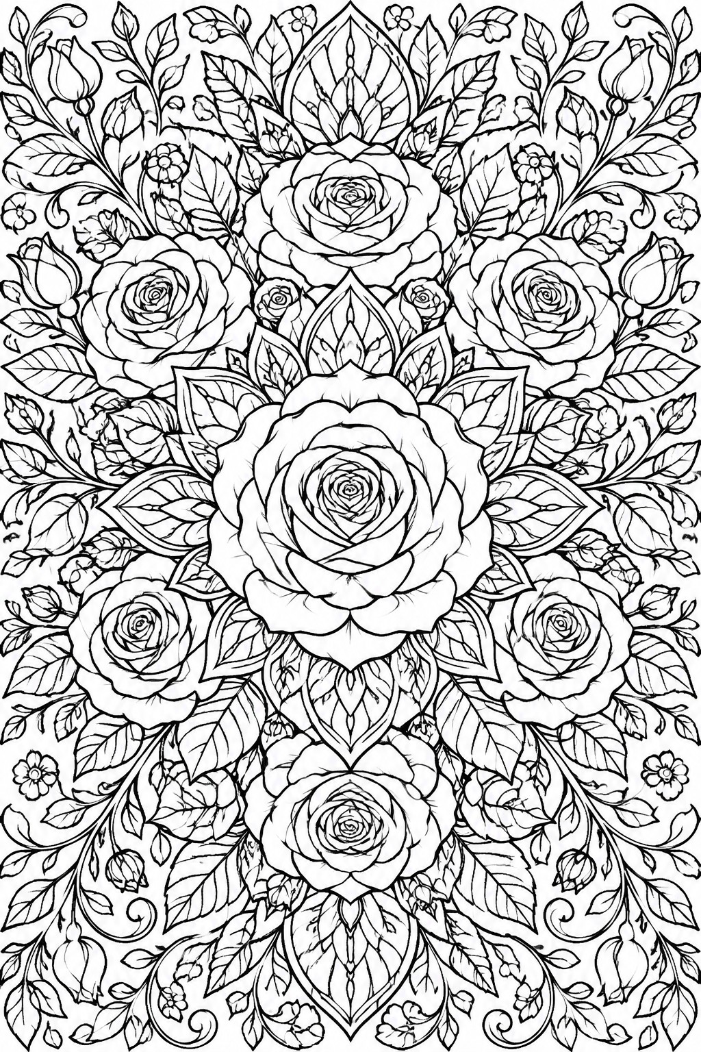 A black and white mandala coloring page with multiple roses and leaves arranged in a symmetrical circular pattern.